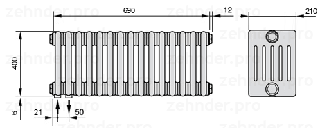 Схема (чертеж) Радиатор Zehnder Charleston 6040/15 №3370 Белый глянцевый RAL 9016